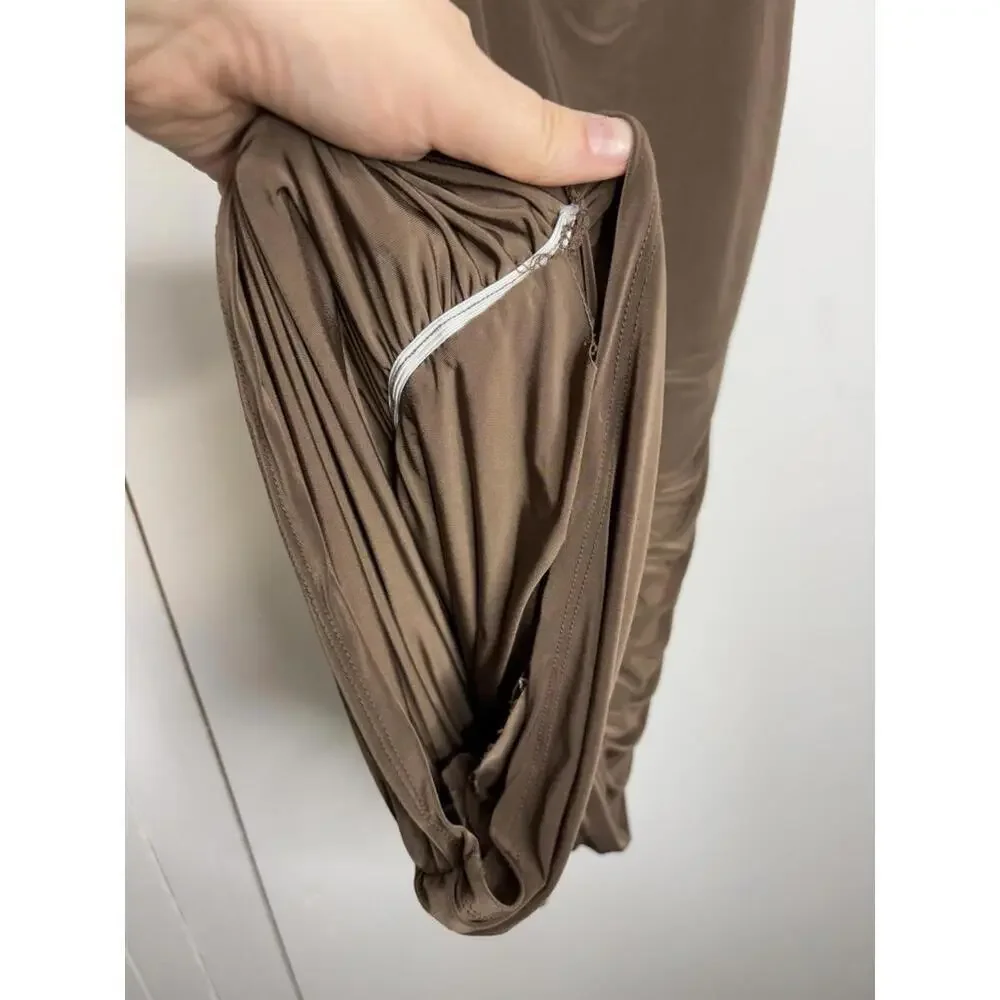 Vintage Dress Womens Medium Ruched Bodycon Stretchy Brown 90s Y2K Baddie Club